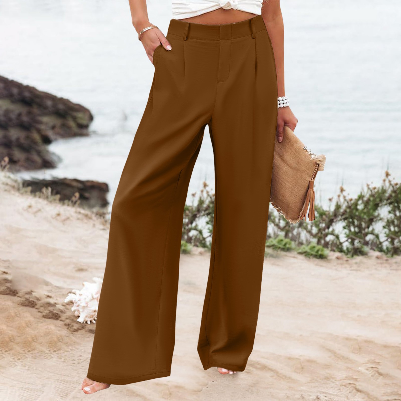 thumbnail image 2 of Pantalones anchos con cintura elástica para mujer: pantalones holgados y cómodos con bolsillos, cintura media, poliéster, para todas las estaciones, 2 of 8